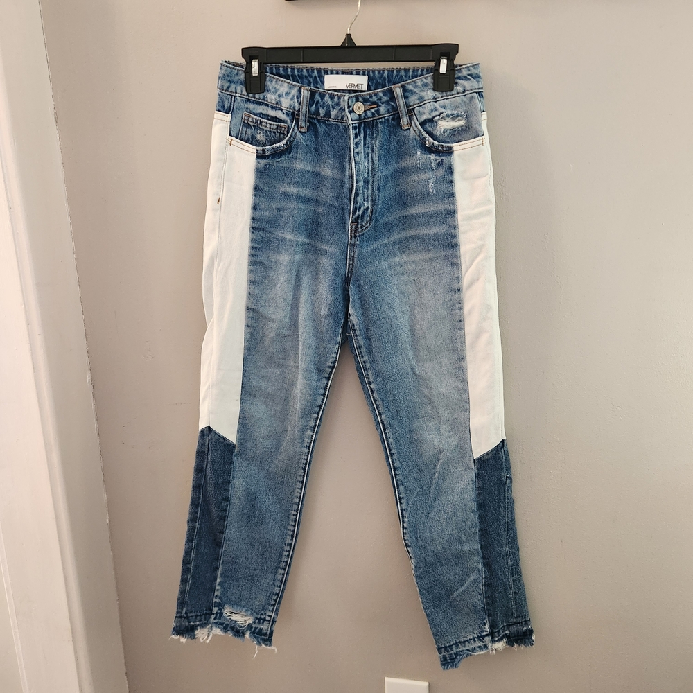 VERVET High Rise Colorblock Denim Jeans Cropped Distressed Boyfriend 90s White
